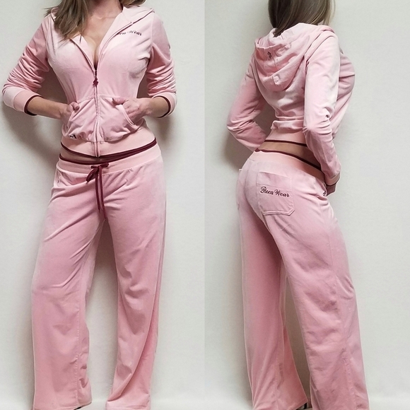 VINTAGE 90s Rocawear Cotton Pink Velour Hooded Jacket Wide Leg Pant Tracksuit L